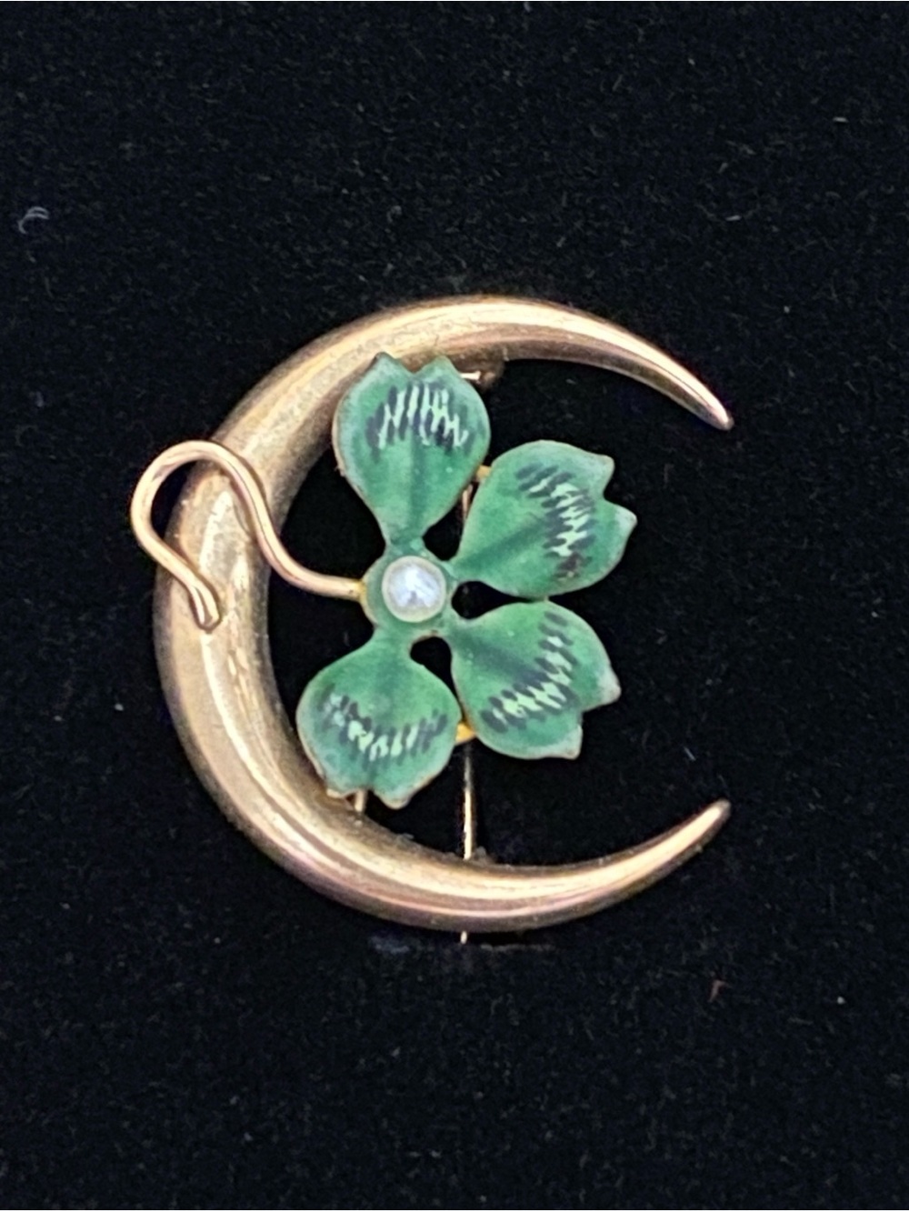 Antique Art Nouveau 10K Gold Crescent Moon Four Leaf Clover Green Enamel Brooch